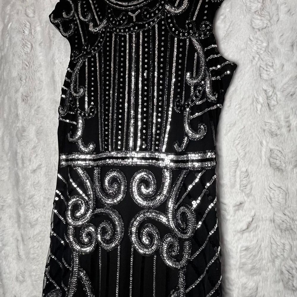 Black & silver beaded midi dress with fringe hem SIZE M - Picture 2 of 8
